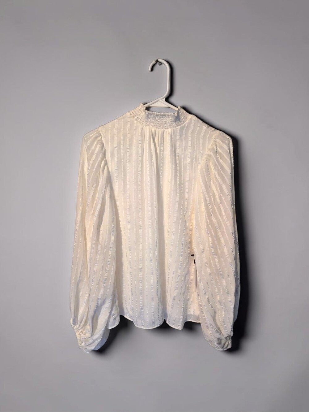White Long-Sleeve Smocked Neck Blouse